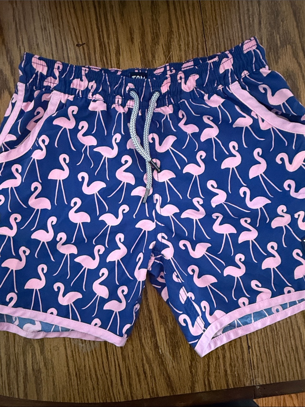 Tom & Teddy Blue Swim Trunks with Pink Flamingo Pattern size 11/12 girls